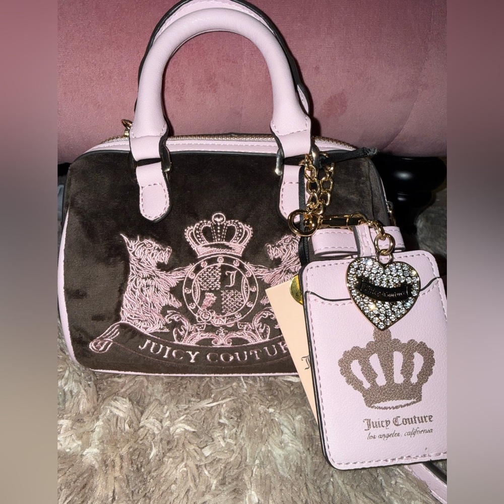 Juicy Couture Pink and Brown Scottie Mini Bag with Chain Detail